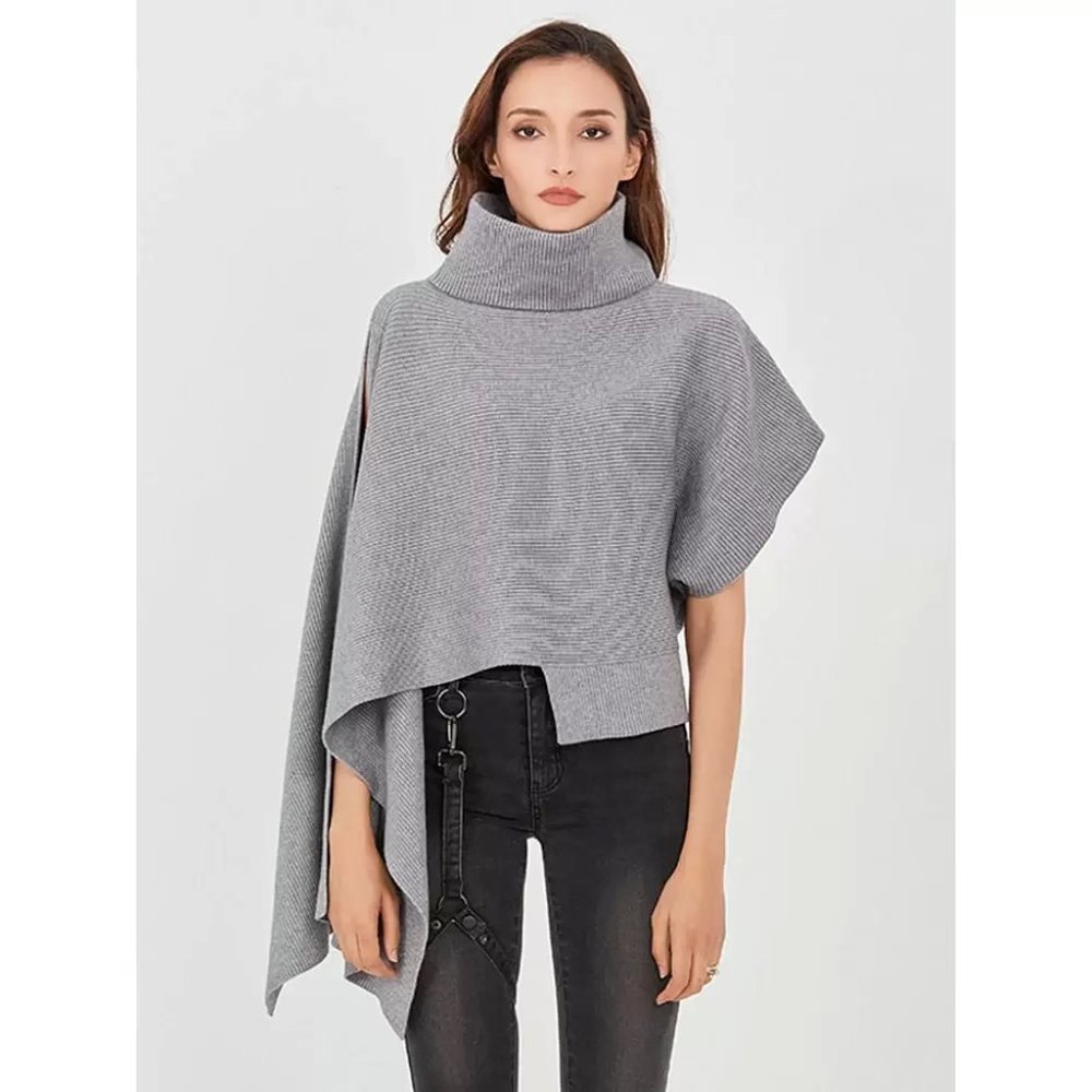 Kate Hewko Asymmetric Sweater Turtleneck Batwing Short Sleeve Side Split